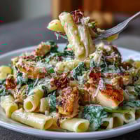Lemon orzo with chicken and spinach in a creamy, zesty skillet dish topped with Parmesan and fresh parsley.  