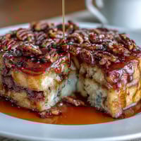 Fluffy pancake casserole baked golden brown, drizzled with rich maple syrup and ready for a cozy breakfast.