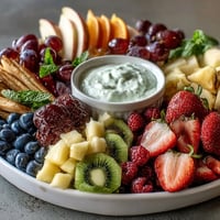 Vibrant spring fruit platter with strawberries, kiwi, and mango served with creamy honey-yogurt dipping sauce.  