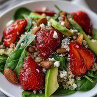 Vibrant strawberry avocado quinoa salad with fresh spinach, toasted almonds, and citrus dressing.  