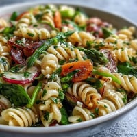 Spring pasta salad with lemon vinaigrette and radishes, fresh vegetables tossed with al dente pasta and zesty citrus dressing.
