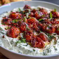 Whipped feta dip with roasted cherry tomatoes, creamy and tangy, served with warm pita bread and fresh basil.