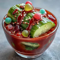 Tangy Chamoy Pickle Cup snack, a vibrant layered viral treat bursting with sweet and spicy flavor.