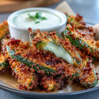 Crispy air fryer pickle fries perfectly golden with a side of creamy spicy mayo.