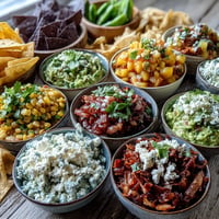 Festive guacamole bar with vibrant toppings, perfect for an interactive party appetizer spread.