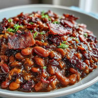 Juneteenth BBQ Baked Beans with bacon and molasses, a smoky-sweet Southern side.